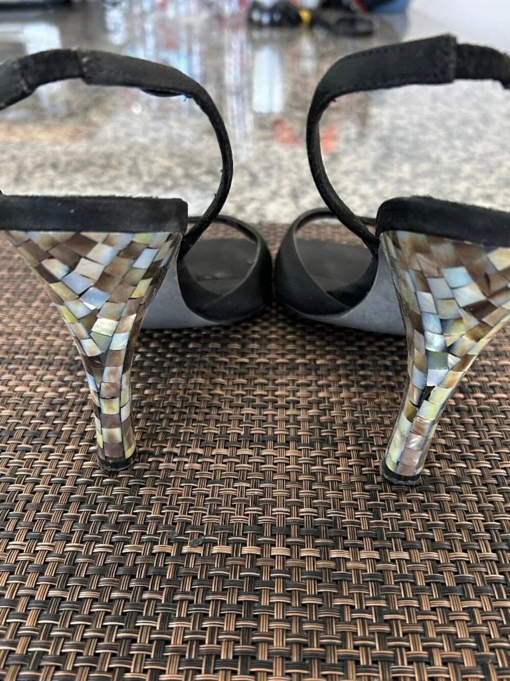 Calvin Klein Black Satin Slingback Sandals with Mosaic Shell Heel - Size 8.5
